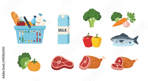 Variety of healthy food and grocery items.