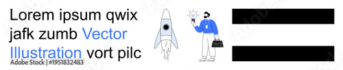 Innovation, entrepreneurship, equality, startup culture, progress, business planning. A businessman holding a lightbulb next to a rocket and equality symbol. Innovation and entrepreneurship concept