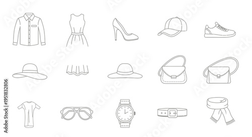 Collection of fashion accessories and clothing icons.