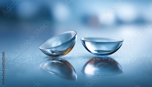 Blue-Surface Reflections: Focus On Long-Distance Lens With Two Contact Lenses. Visual Imagery Shows Reflections And Details On Blue Surfaces.