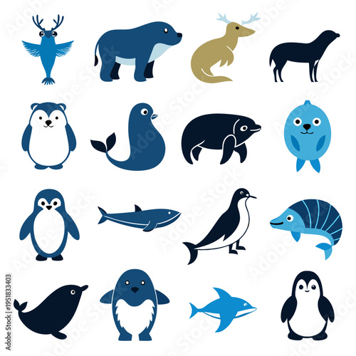 Collection of sixteen simplistic vector illustrations of different animals