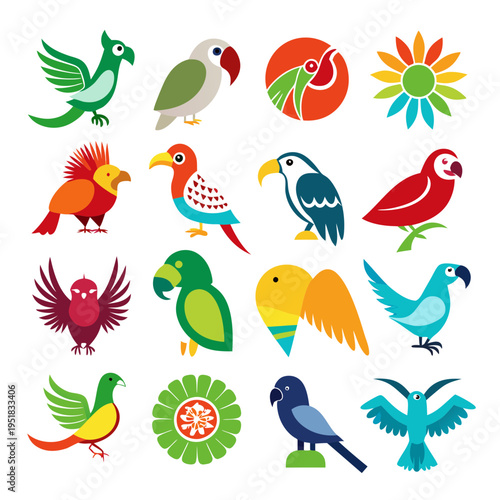 Collection of stylized vector bird and floral icons
