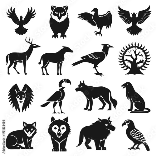 Black vector animal silhouettes with decorative tree illustration