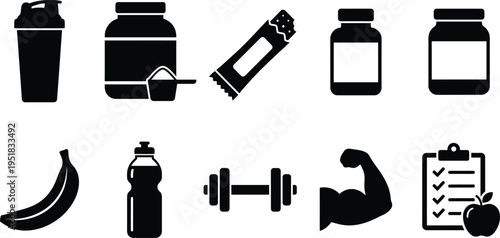 Fitness and gym supplement icons set with protein shaker and equipment