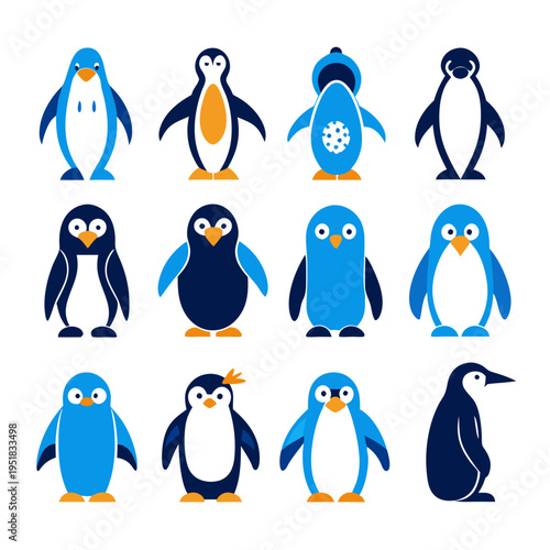 Collection of twelve stylized penguin illustrations on a white background
