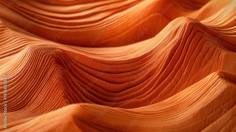 Obraz premium Abstract orange landscape resembling flowing dunes or wood grain features rhythmic wave-like patterns and a textured surface, creating an artistic background.