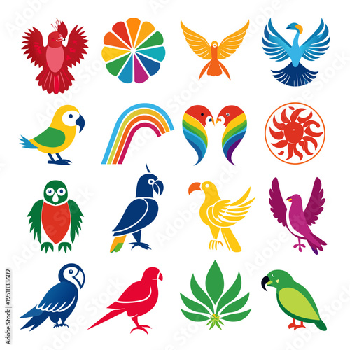 Collection of stylized bird vector icons in bright colors