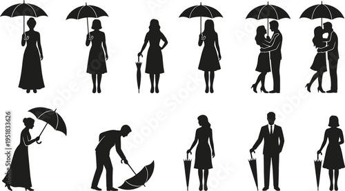Collection of silhouettes featuring men and women with umbrellas, romantic couples kissing, and people standing in the rain for fashion design