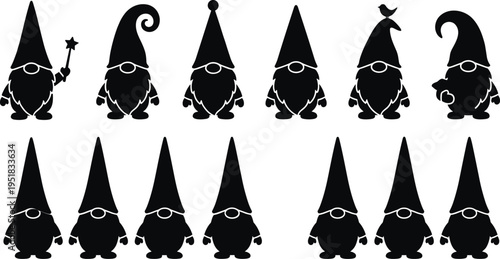 Collection of cute garden gnome silhouettes featuring wizard hats, magic wands, and birds for Christmas, Scandinavian holiday decor, and whimsical design