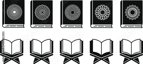Holy Quran book icon set featuring mandala covers and open books on wooden stands for Islamic religious celebrations like Ramadan Kareem