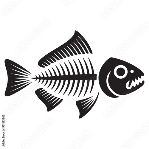 A striking black fish skeleton is depicted in a bold graphic style silhouette