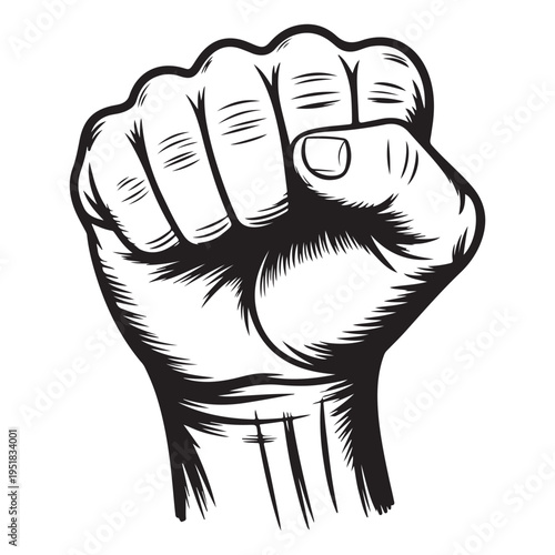 A detailed illustration of a clenched fist powerfully raised in a gesture of defiance silhouette