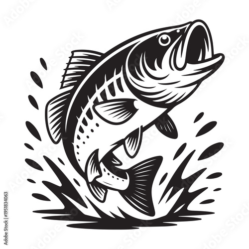A dynamic black and white illustration of a leaping largemouth bass with water splashes silhouette