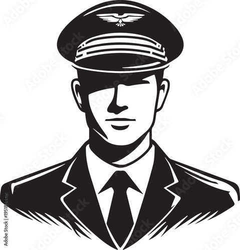 Hand Drawn Male Pilot Black and White Avatar Illustration in Minimal Line Art Style Design