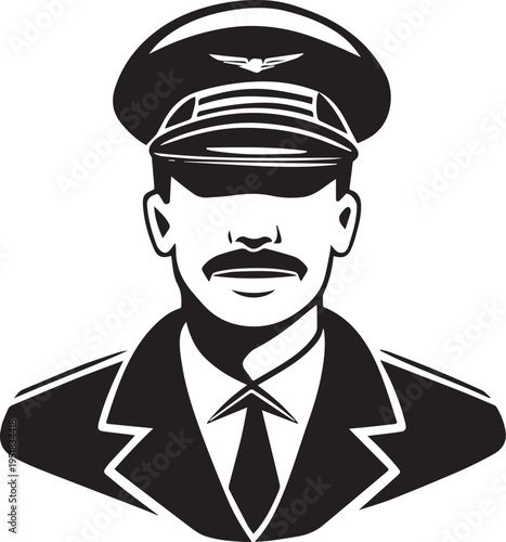 Hand Drawn Male Pilot Black and White Avatar Illustration in Minimal Line Art Style Design
