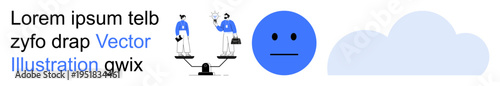 Decision-making, emotional health, work-life balance, psychological evaluation, neutrality, business equality. A scale with people, neutral face and cloud. Decision-making and emotional health