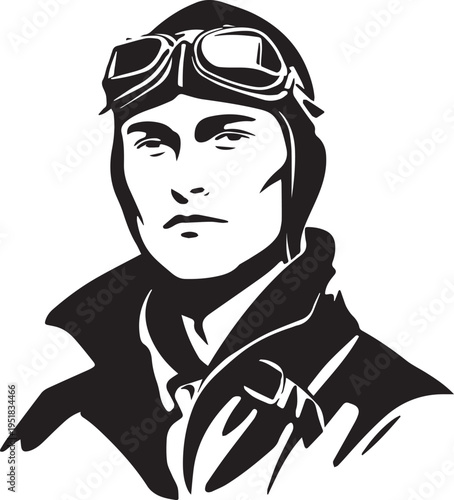 Hand Drawn Male Pilot Black and White Avatar Illustration in Minimal Line Art Style Design