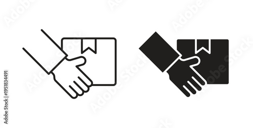 Hand holding box icon in line design. Editable stroke icon.