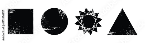 Black grunge geometric shapes set with distressed ink textures including square circle star and triangle for edgy designs
