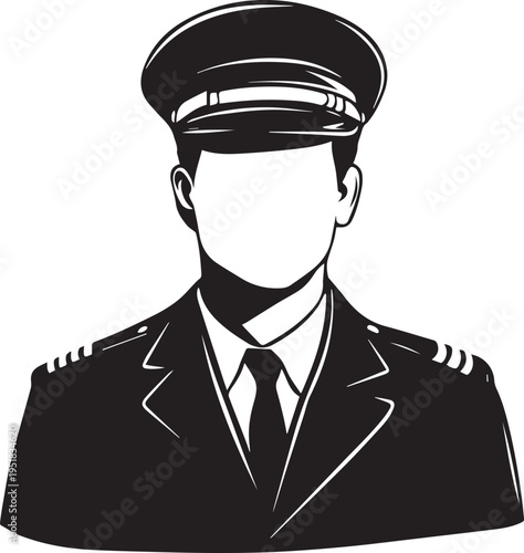 Hand Drawn Male Pilot Black and White Avatar Illustration in Minimal Line Art Style Design