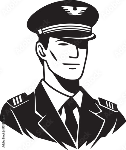 Hand Drawn Male Pilot Black and White Avatar Illustration in Minimal Line Art Style Design