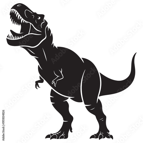 A fierce tyrannosaurus rex roars displaying its teeth in a dramatic black silhouette