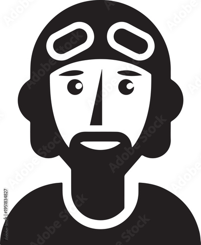 Hand Drawn Male Pilot Black and White Avatar Illustration in Minimal Line Art Style Design