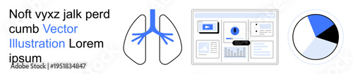 Healthcare, statistics, medical research, data visualization, analytics, information design. Lungs diagram, stats dashboard and pie chart. Medical research and statistics concept