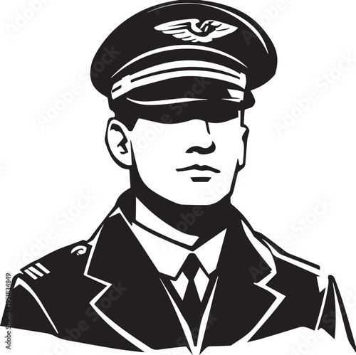 Hand Drawn Male Pilot Black and White Avatar Illustration in Minimal Line Art Style Design