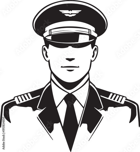 Hand Drawn Male Pilot Black and White Avatar Illustration in Minimal Line Art Style Design