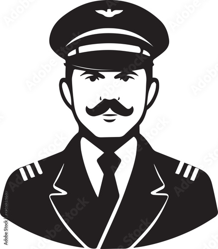 Hand Drawn Male Pilot Black and White Avatar Illustration in Minimal Line Art Style Design