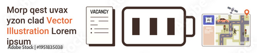 Employment search, navigation systems, urban planning, energy usage, travel management, job opportunities. An icon of a battery, a vacancy label and a map with a route marker. Employment search