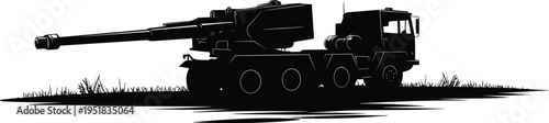 Artillery vehicle silhouette illustration, self-propelled cannon mounted on multi-wheeled chassis with crew cab, modern military technology theme, vector art, black isolated bold design