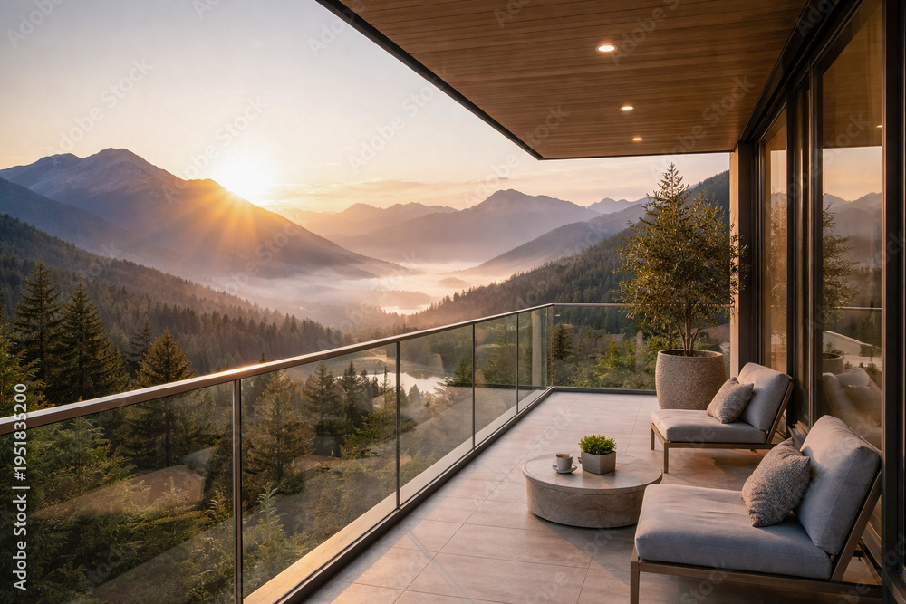 Fototapeta premium Modern Balcony With Mountain View At Sunrise In Luxury Home