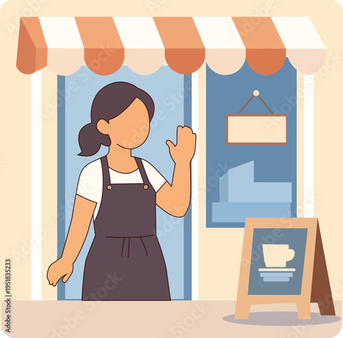 A female barista cheerfully waves from inside a small cafe storefront