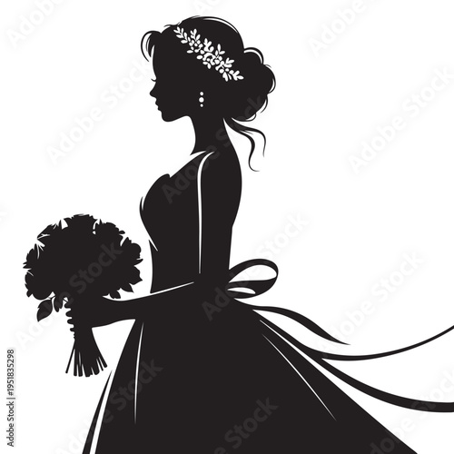 A graceful bride holding a bouquet viewed in profile a striking black silhouette