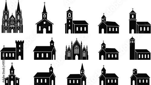 Set of Christian church and cathedral silhouettes featuring various architectural styles, bell towers, and steeples for religious and historical design