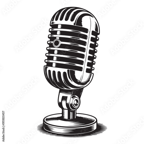 A vintage style microphone illustration with intricate details presented as a bold silhouette