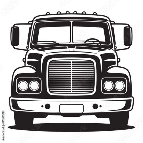 A detailed front view of a large semi truck rendered as a striking black silhouette