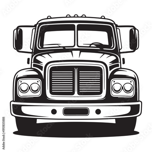 Detailed front view of a large semi truck rendered in a striking black and white silhouette