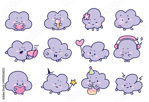Funny kawaii clouds characters. Cartoon cloud, emotional expression faces. Weather nature elements, adorable children stickers, nowaday vector set