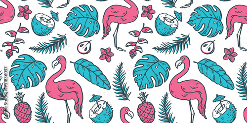 Seamless tropical doodle pattern. Hand drawn palm leaves monstera, flamingo, exotic flowers, fruits. Minimal color vector background