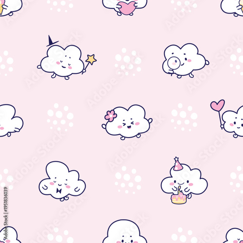 Kawaii clouds seamless pattern. Cute witch, researcher, in love characters. White cloud print template for fabric, textile, wallpaper, nowaday vector background