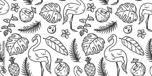 Seamless tropical doodle pattern. Hand drawn palm leaves monstera, flamingo, toucan, exotic flowers, fruits. Black and white line art vector background