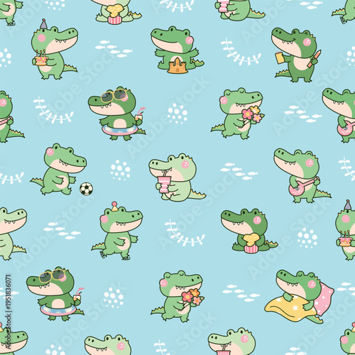 Kawaii crocodile seamless pattern. Funny crocodiles different poses, green wild cartoon animals. Print template for textile, fabric, nowaday vector background