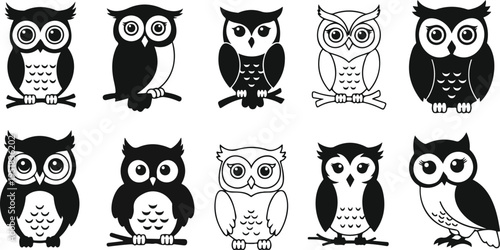 Cute owls collection Silhouette and line isolated on white backgroung