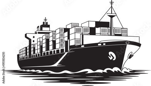 A black and white graphic illustration of a large cargo ship carrying containers across the ocean