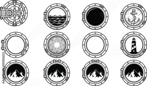 Set of nautical porthole icons including ship window silhouettes maritime anchor symbols lighthouse views and mountain landscape illustrations for marine designs
