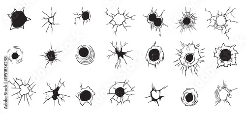 Hand drawn bullet holes. Cracked effects, damaged glass, wall, concrete. Trace of shooting, gunshot wound graphic design effect. Cracks, broken neoteric vector set