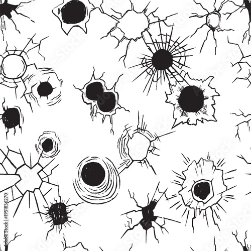 Bullet holes seamless pattern. Gunshot wound, cracks and broken design. Shooting print for fabric, textile, wallpaper, neoteric vector destroyed background